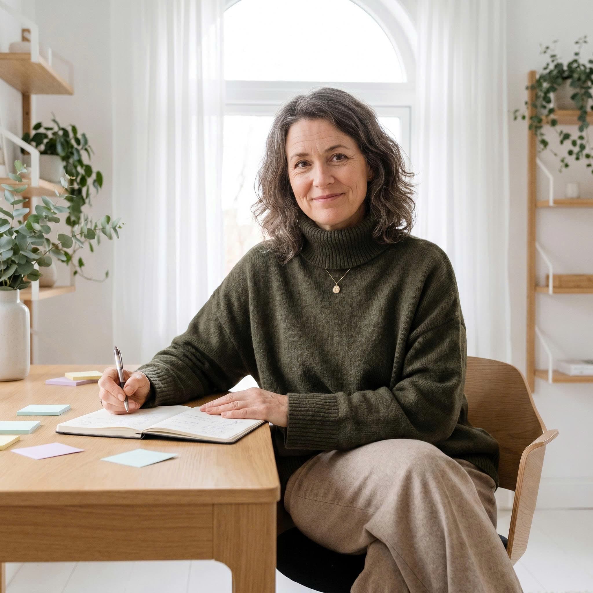 Late-diagnosed ADHD woman sitting at a table with coffee looking calm