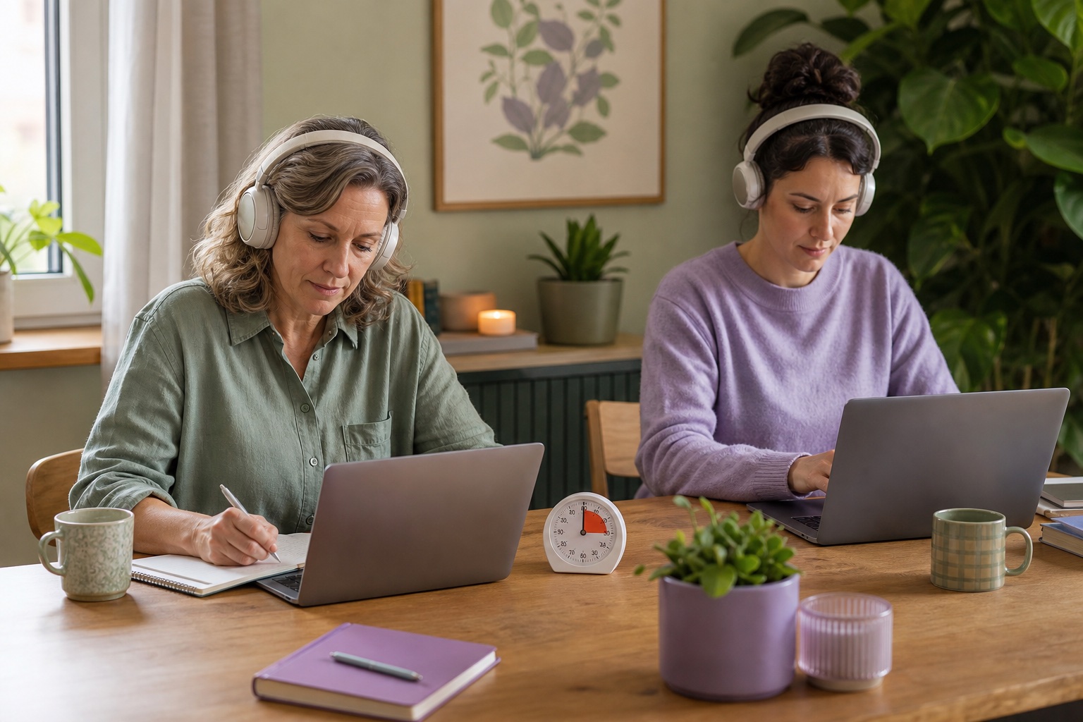 Two women working quietly together with laptops, headphones and a visible timer