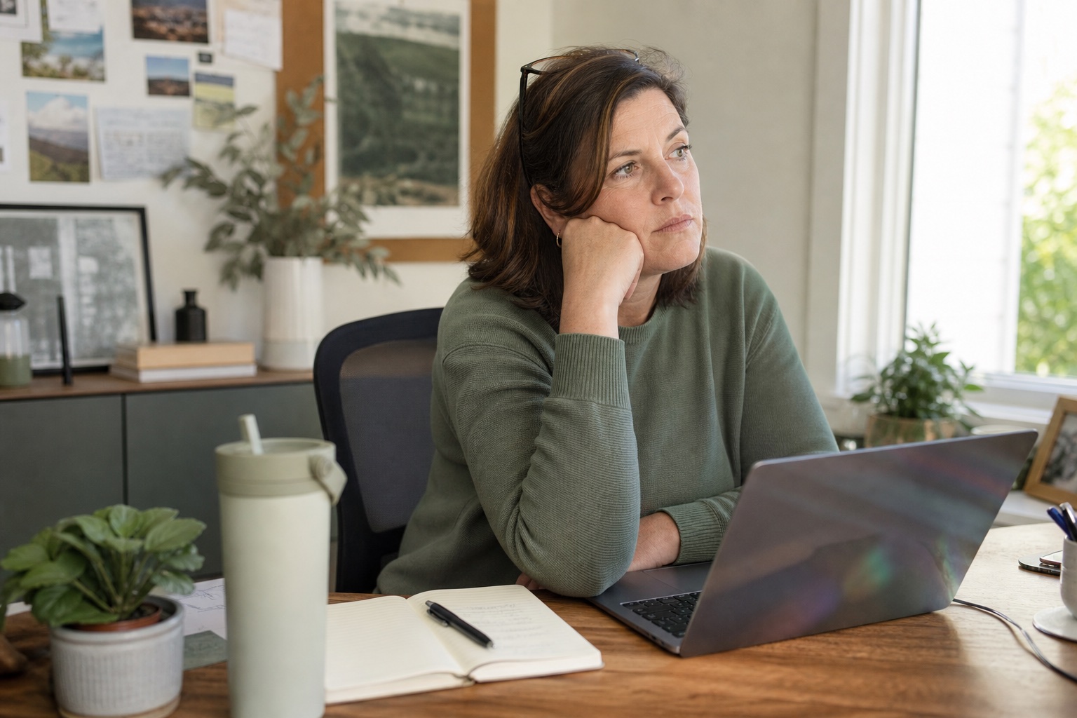 A woman stalled at her laptop despite having a clear work task in front of her