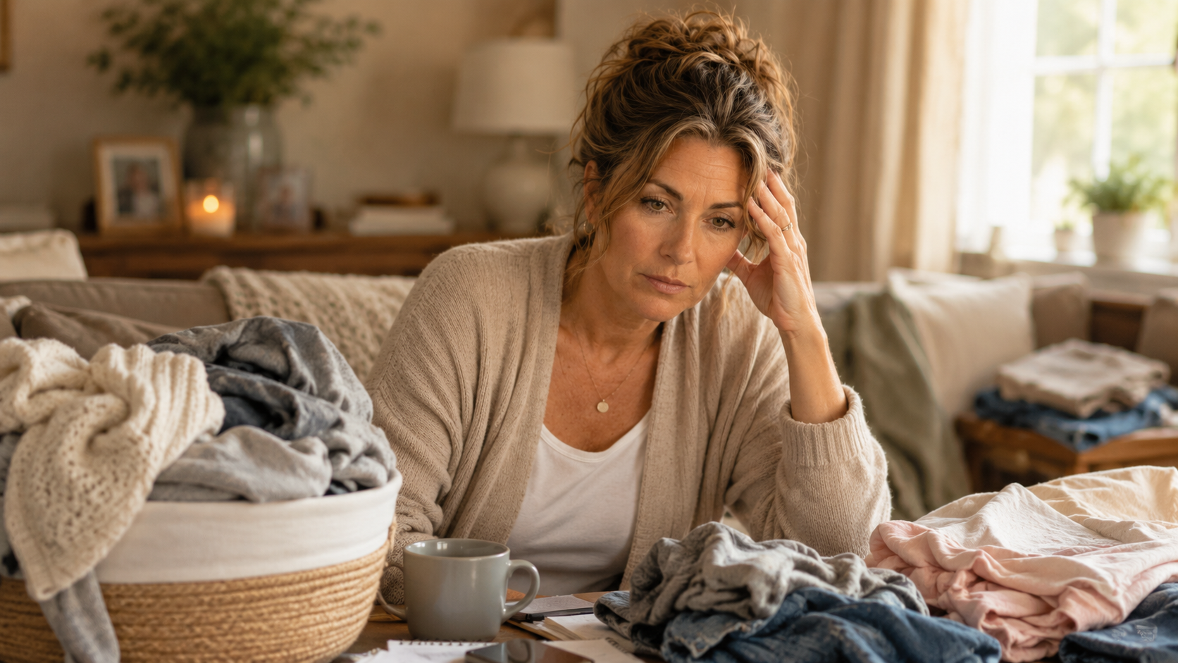 Lauren feeling overwhelmed by laundry and household clutter while trying to start cleaning with ADHD.