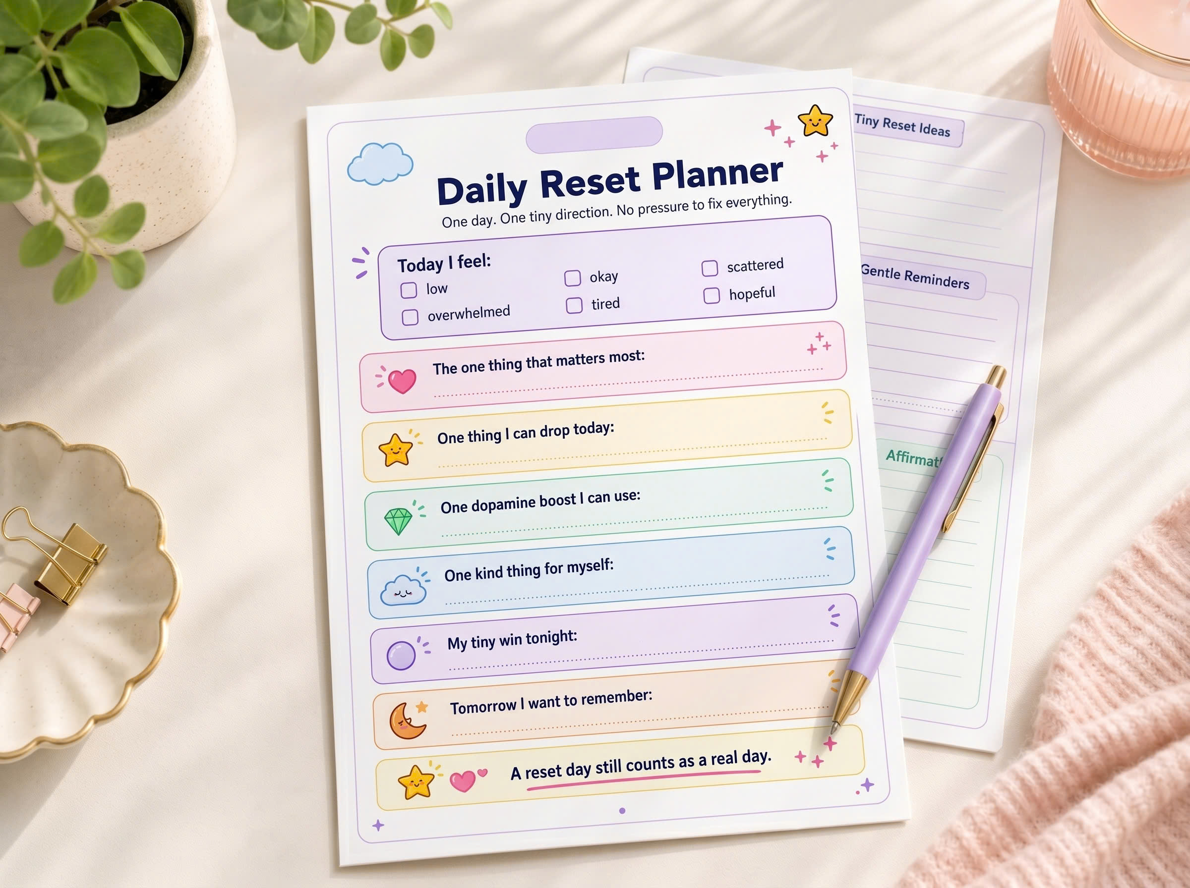 The Daily Reset Planner page from the ADHD Dopamine Menu printable