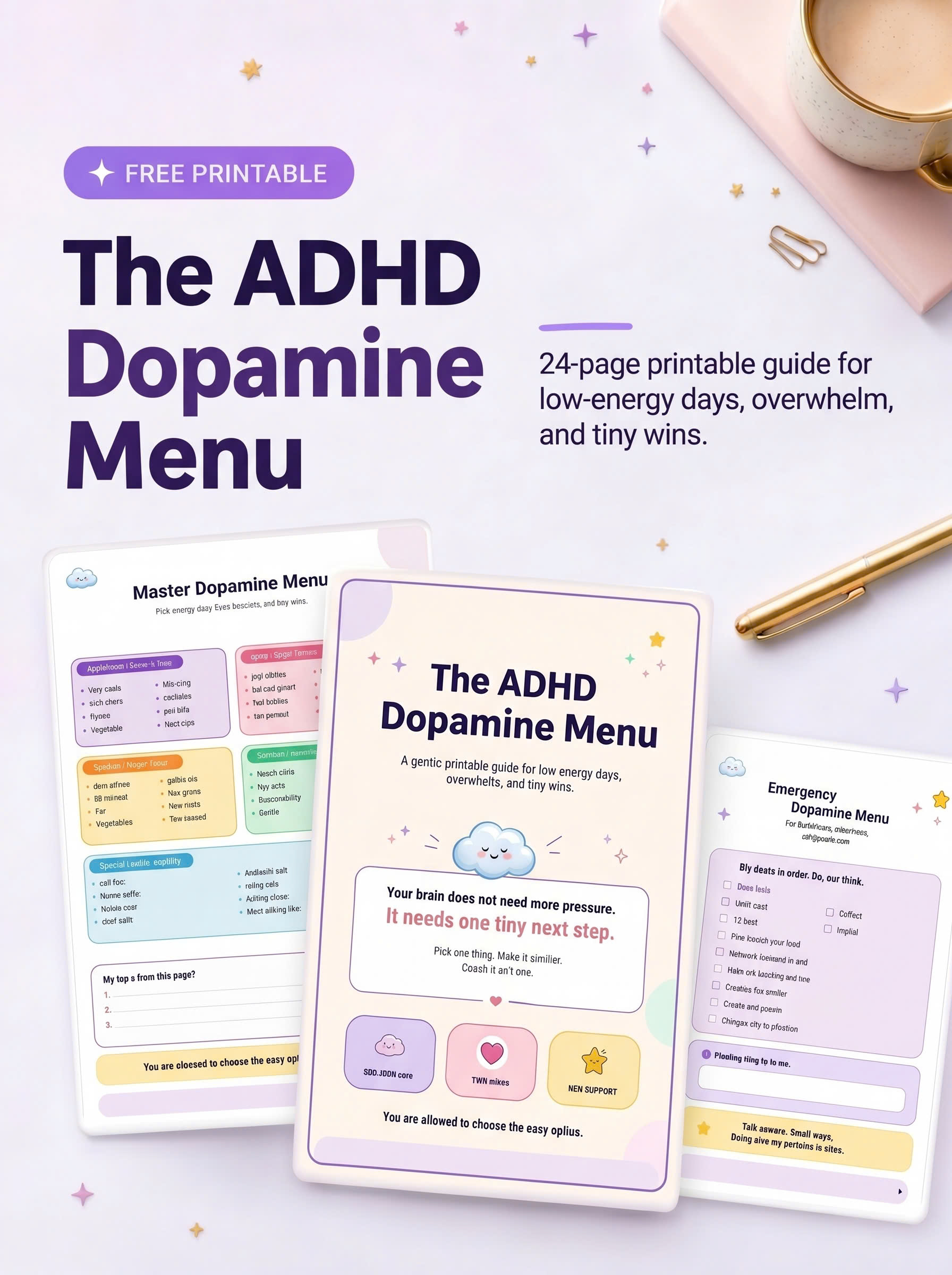 Cover and sample pages from the free 24-page ADHD Dopamine Menu printable