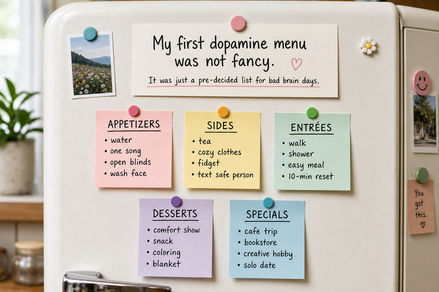 My first dopamine menu written on a sticky note