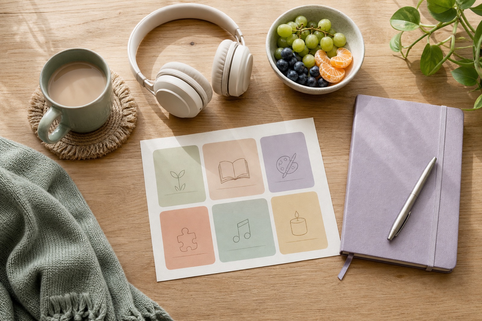 A low-energy reset setup with headphones, tea, fruit, a notebook and a simple pastel activity menu