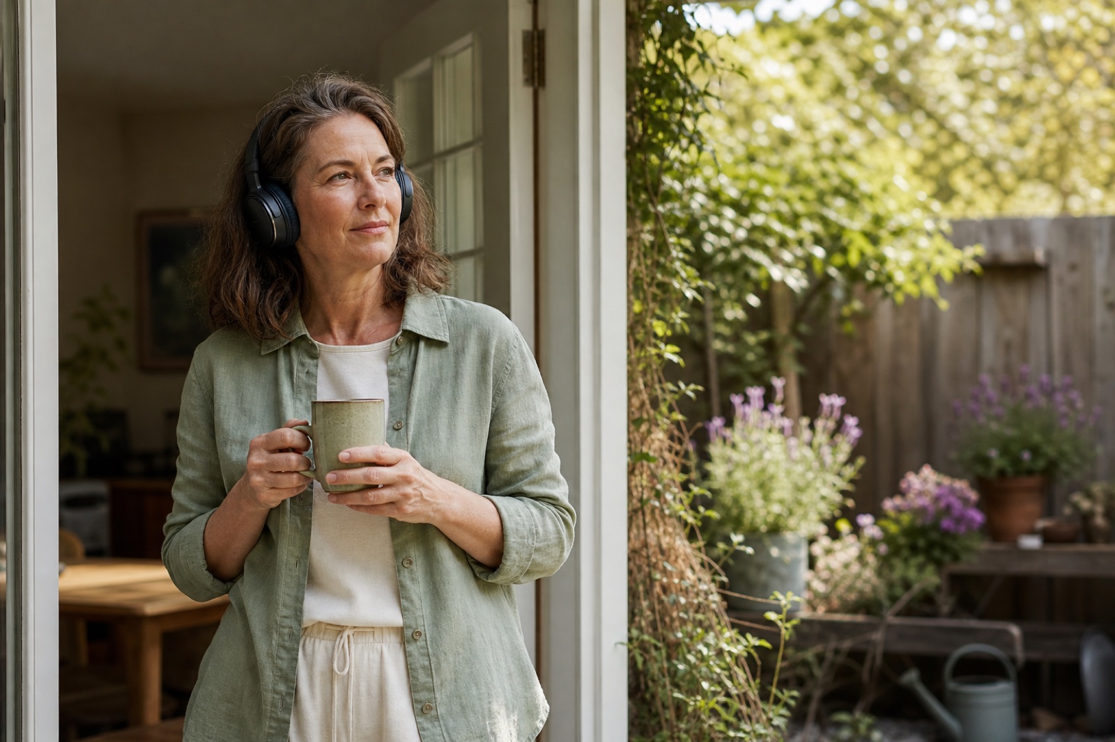 A woman taking a quiet two-minute reset outside with headphones and a warm drink