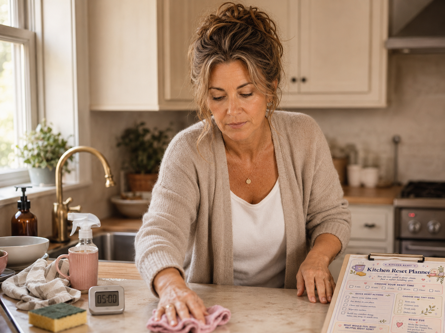 Lauren wiping a kitchen counter with a five-minute timer and ADHD kitchen reset planner nearby.