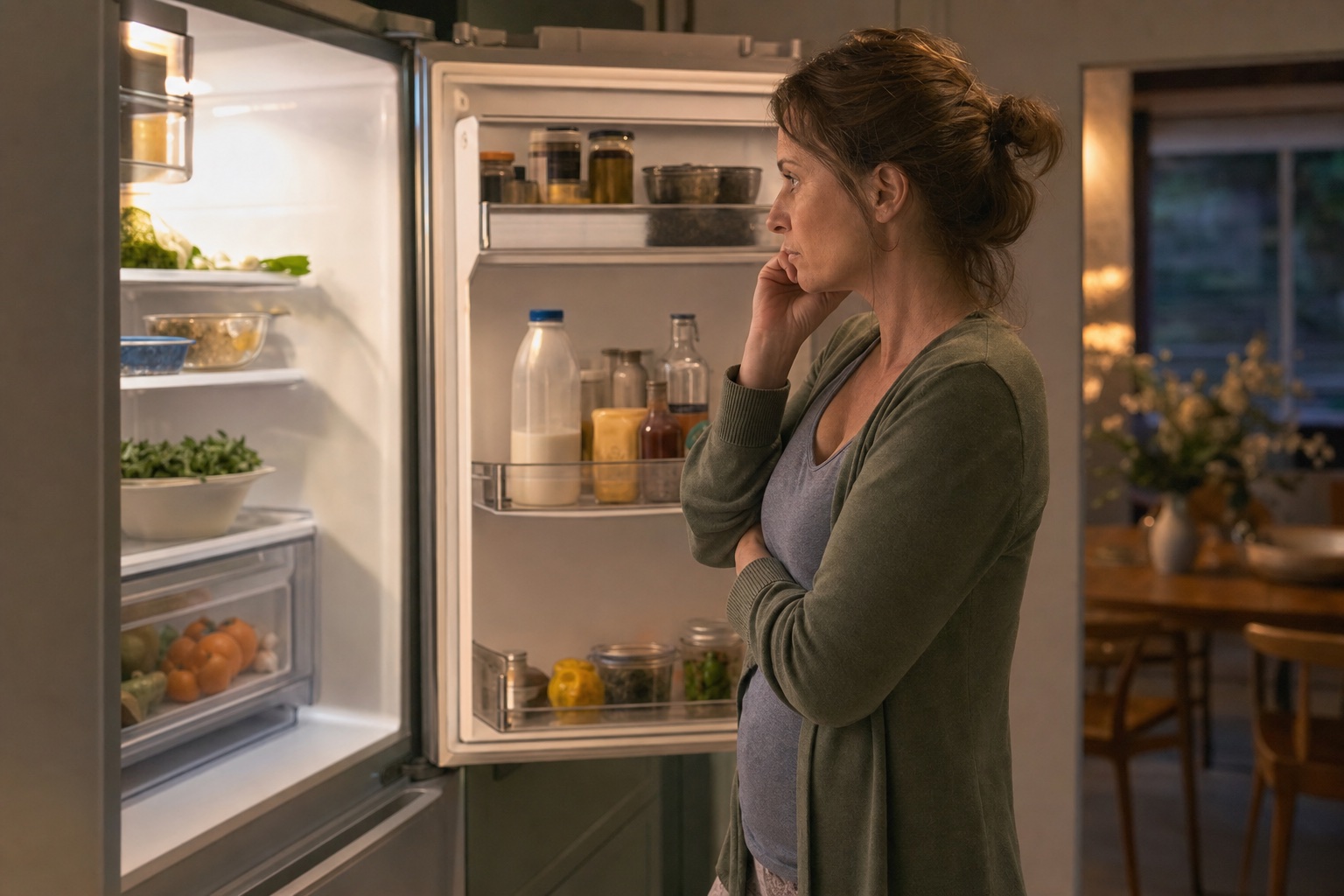 A tired woman unable to choose dinner while looking into an open refrigerator