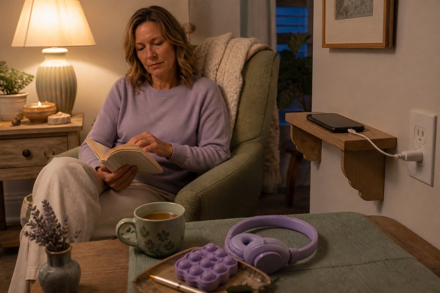 A woman reading while her phone charges out of reach and easy alternatives sit nearby