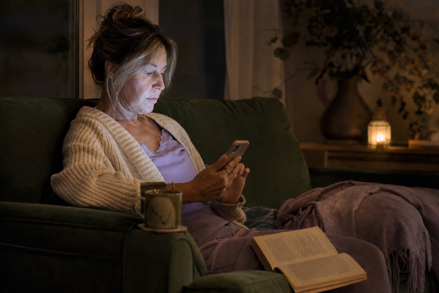 A tired woman caught in late-night phone scrolling while a book sits untouched
