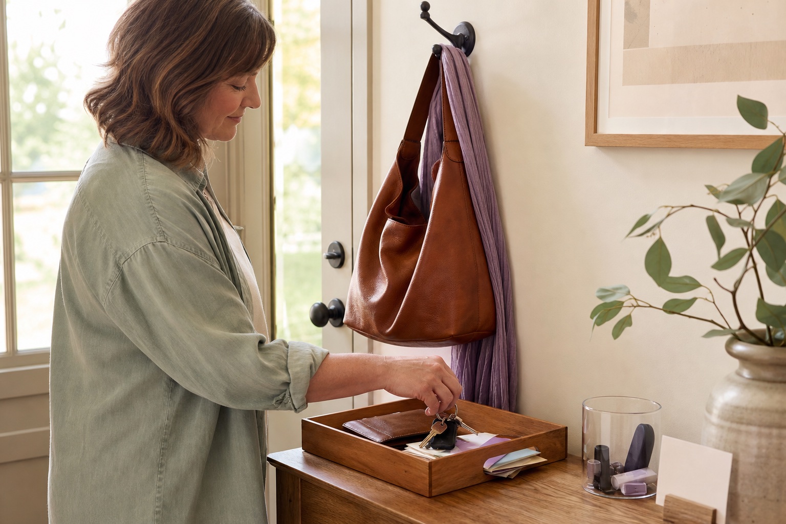 A woman placing keys into one visible landing-zone tray beside the door
