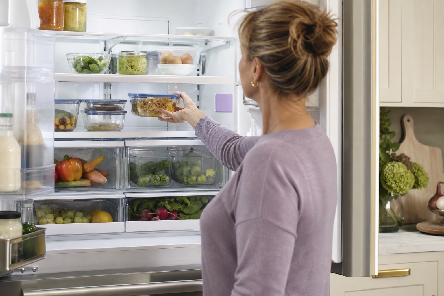 A woman placing leftovers at eye level in a refrigerator with clear visible storage