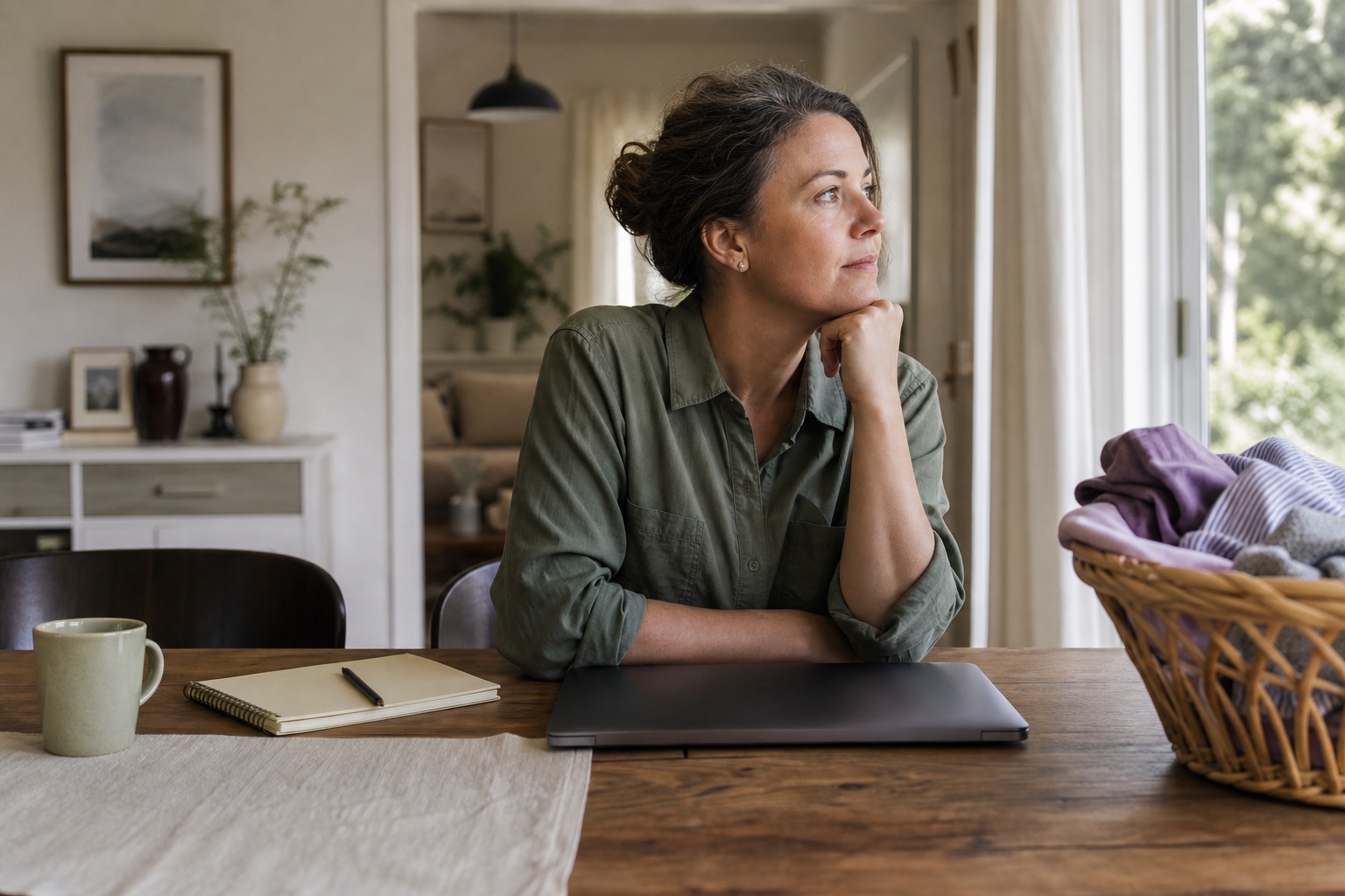 A calm woman whose attention drifts away from ordinary tasks despite not feeling worried