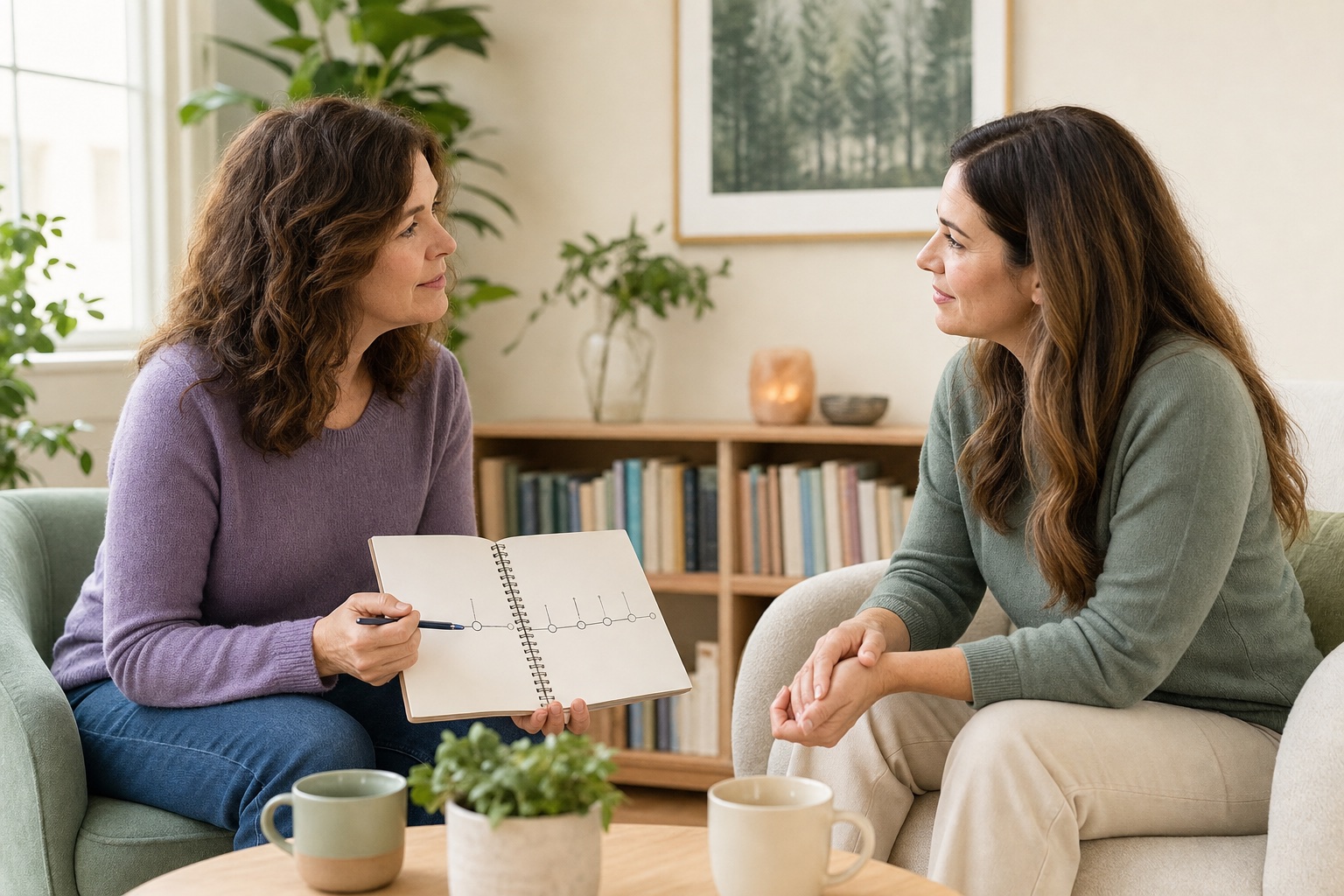 A woman discussing a simple symptom timeline with a supportive healthcare professional