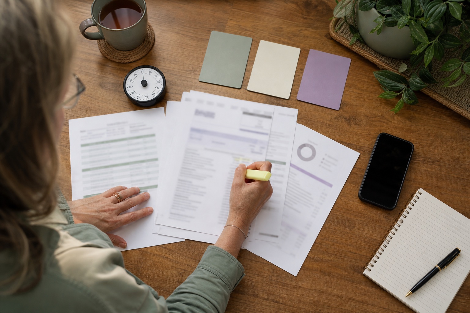 A woman highlighting recurring charges during a short subscription audit