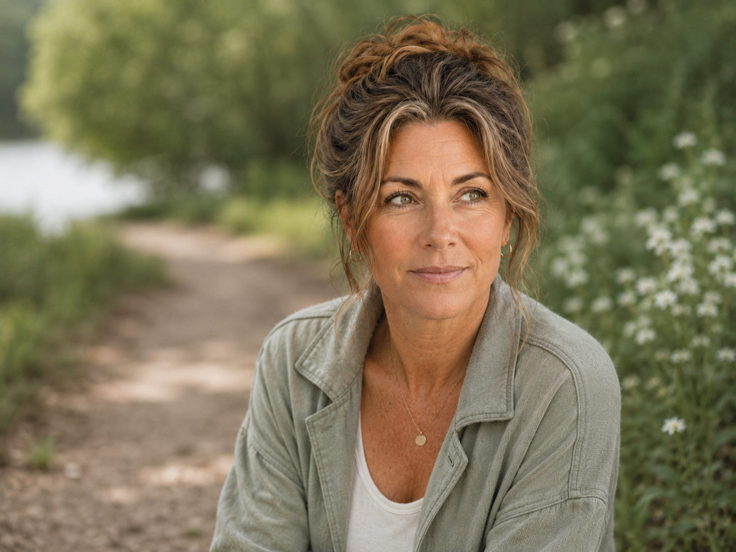 Lauren sitting outdoors on a quiet nature path, reflecting on capacity, ADHD symptoms, and perimenopause changes.