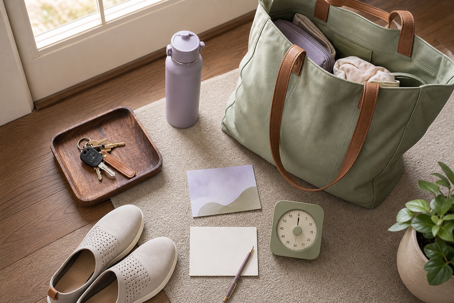 A pre-staged appointment bag, keys, shoes, water and timer beside the front door