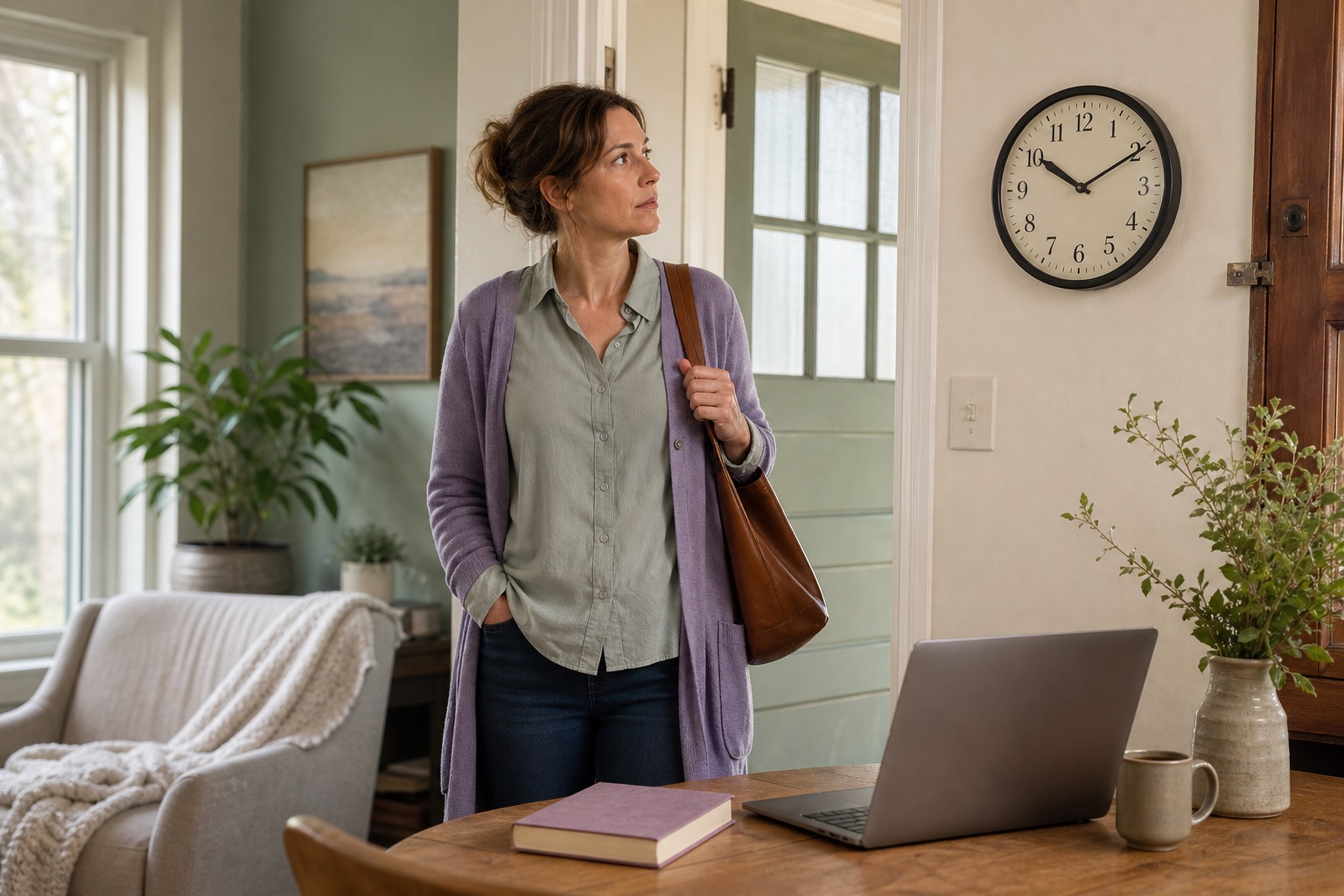 A woman fully ready by the door while checking the clock before a later appointment