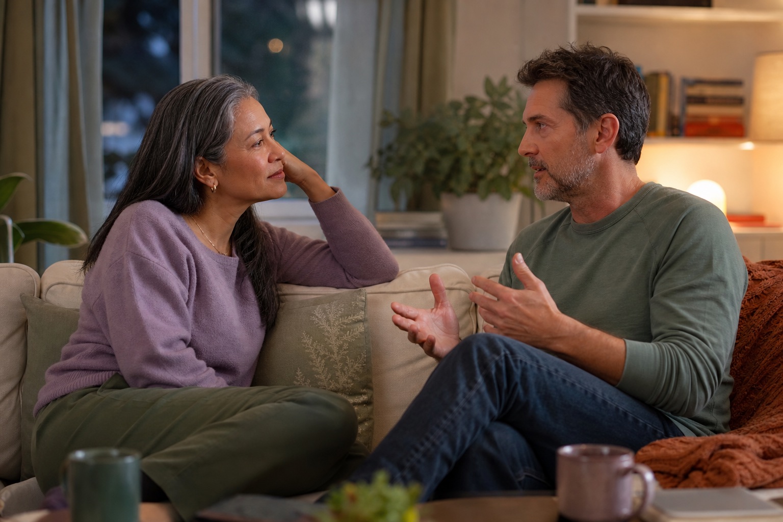 A midlife couple having a calm and curious conversation at home