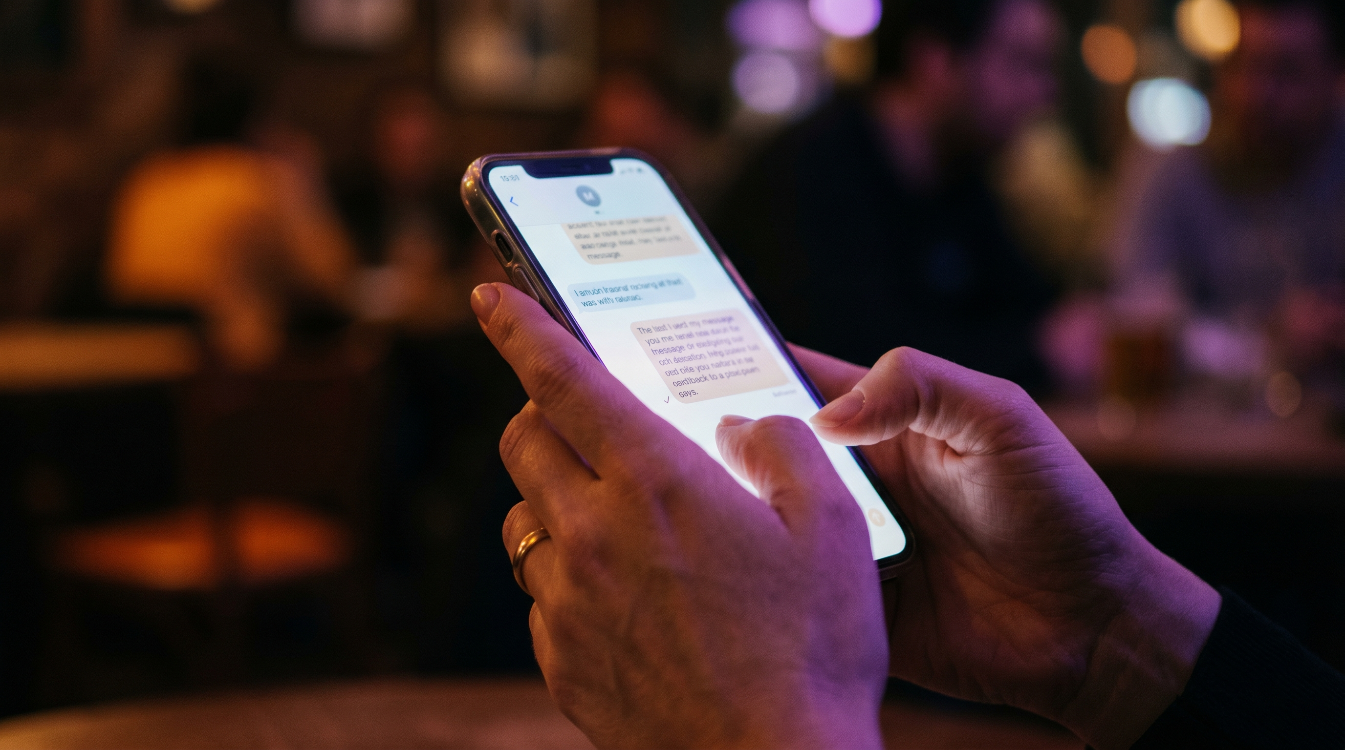 Hands holding a phone with text messages visible — waiting for a reply is a common RSD trigger for people with ADHD